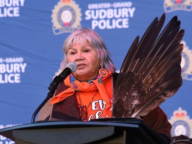 Elder Martina Osawamick takes part in the closing ceremony of the 2023 Truth and Reconciliation Relay at the Grace Hartman Amphitheatre at Bell Park in Sudbury, Ont. on Thursday September 28, 2023. ÒThroughout July and August, participants viewed educational and awareness videos on Truth and Reconciliation and the history of residential schools in Canada,Ó said a release issued by Greater Sudbury Police. ÒThey then reviewed the Calls to Action brought forward by the Truth and Reconciliation Commission of Canada and were asked to reflect on how they could implement change in their personal and professional lives.Ó In September, GSPS and community partner agencies logged kilometres by walking, running, cycling and rowing while reflecting on what they learned and how they could make a positive impact. More than 1,000 participants from 41 community partner organizations participated. John Lappa/Sudbury Star/Postmedia Network