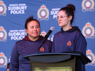 Constables Katrina Pitawanakwat, left, and Anik Dennie, of the Greater Sudbury Police, take part in the closing ceremony of the 2023 Truth and Reconciliation Relay at the Grace Hartman Amphitheatre at Bell Park in Sudbury, Ont. on Thursday September 28, 2023. ÒThroughout July and August, participants viewed educational and awareness videos on Truth and Reconciliation and the history of residential schools in Canada,Ó said a release issued by Greater Sudbury Police. ÒThey then reviewed the Calls to Action brought forward by the Truth and Reconciliation Commission of Canada and were asked to reflect on how they could implement change in their personal and professional lives.Ó In September, GSPS and community partner agencies logged kilometres by walking, running, cycling and rowing while reflecting on what they learned and how they could make a positive impact. More than 1,000 participants from 41 community partner organizations participated. John Lappa/Sudbury Star/Postmedia Network