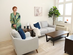 Maija McCahery, sales and marketing manager at Sudbury Retirement Manor, shows off a one-bedroom suite at the new retirement facility on Second Avenue in Sudbury, Ont.