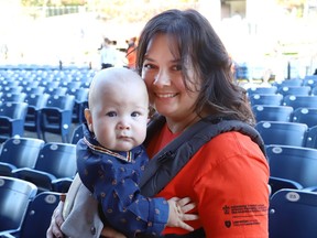 Sarah Rice and her baby, Odjig Manoominii, eight months, were on hand for the National Day for Truth and Reconciliation event at the Grace Hartman Amphitheatre at Bell Park for in Sudbury, Ont. on Thursday September 28, 2023.