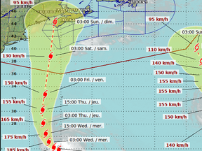 Hurricane Lee is tracking to hit New Brunswick early on Sunday as a weak hurricane or post-tropical storm with sustained winds of 95 kilometres per hour, according to the latest update from the Canadian Hurricane Centre (CHC). In an update issued at 6 a.m. on Tuesday, the centre published a map showing Lee's centre barrelling into the Saint John area, and travelling north toward Fredericton and Miramichi. There's still plenty of uncertainty about Lee's final track. "We are starting to get a better idea of how the weather will evolve this week over Atlantic Canada and the role Hurricane Lee may play," the CHC's update reads. "Once the hurricane makes a northward turn by late Wednesday it will further enhance the tropical air mass over Atlantic Canada. It will also have the effect of slowing the progress of a front which could increase the risk of heavy rainfall over the Maritime provinces during the latter part of the week. "We expect Lee's circulation to broaden significantly as it moves north later this week and there are no indicators at this time that the storm will be re-invigorated through merging with non-tropical weather systems. "Also it is possible the forward motion of the storm could slow which would permit further weakening over cooler waters before affecting land. "Given these factors, the storm would approach the region as a weak hurricane or strong tropical storm. The range of track possibilities is very broad this far ahead in time, ranging from somewhere in Maine to the southeast of Nova Scotia. With the expanding size of the hurricane and a long trajectory northward, building surf conditions and rip currents are expected along the Atlantic coast of Nova Scotia this week and particularly on Friday."