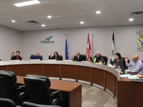 At Whitecourt council's Sept. 25 meeting (l-r) CAO Peter Smyl, councillors Braden Lanctot, Derek Schlosser, Serena Lapointe, Mayor Tom Pickard, Bill McAree, Tara Baker and Paul Chauvet and Executive Assistant Wendy Grimstad-Davidson discussed housing. Council voted unanimously to approve an action plan applying for Housing Accelerator Fund grants to grow the housing supply.