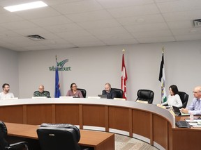 Whitecourt councillors (l-r) Braden Lanctot, Derek Schlosser, Serena Lapointe, Mayor Tom Pickard, Tara Baker and Paul Chauvet considered contracts for the town's fuel supply, road construction and concrete crushing during the Sept. 11 meeting.
