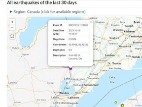 A screen shot from the Earthquake Canada website with information about a small earthquake recorded Thursday near Corunna.