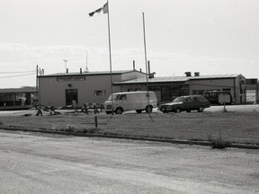 1982-1241.013 – Peace River Municipal Airport terminal building, part of airport improvements, including a new runway which began in 1960 and concluded this phase in 1961. Construction caused airport closure, except for small aircraft. The 20-plus-year-old terminal, deteriorating and lacking in many necessities as traffic and technologies increased, would give way to the current terminal in 1984. Note: Open-air Baggage Claim outside.
