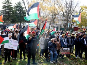 Members of the Palestinian community and their supporters gathered for a rally at Memorial Park in Sudbury, Ontario on Saturday, October 28 to call for a ceasefire in the Israel-Hamas conflict and the end of the siege and bombardment of Gaza. Participants listened to speeches before marching to the Bridge of Nations.