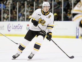 Sarnia Sting captain Cooper Way plays against the Windsor Spitfires at Progressive Auto Sales Arena in Sarnia on Friday, Sept. 29, 2023. (Mark Malone/The Chatham Daily News)