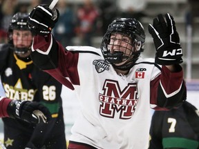 Chatham Maroons' Josh Cleary celebrates after scoring against the St. Thomas Stars in the second period at Chatham Memorial Arena in Chatham, Ont., on Sunday, Oct. 1, 2023. (Mark Malone/Chatham Daily News)