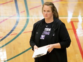 Head coach Melissa Bartlett watches the Western Mustangs take on the Windsor Lancers in a women's volleyball exhibition match at St. Clair College's Chatham Campus HealthPlex in Chatham, Ont., on Saturday, Oct. 21, 2023. Mark Malone/Chatham Daily News/Postmedia Network