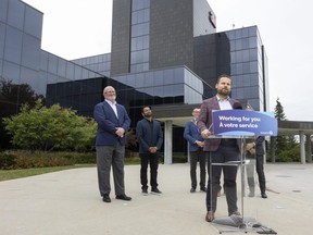 David Piccini, minister of labour, immigration, training and skills development, announces at a news conference on Thursday, Sept. 28, 2023, at the former 3M head office on Tartan Drive in London that the Workplace Safety and Insurance Board is moving its head office there from Toronto. (Mike Hensen/The London Free Press)