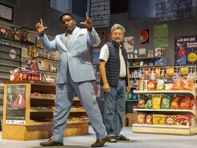 Playwright Ins Choi, in the leading role of Appa (right), performs in the Grand Theatre’s production of Kim’s Convenience with actor Emeka Agada. The show opens on Oct. 20 and runs until Nov. 4. (Mike Hensen/The London Free Press)