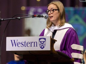 Oscar winner Sarah Polley speaks to Western University graduates at a convocation ceremony at Alumni Hall in London after receiving an honorary doctorate of letters on Thursday, Oct. 19, 2023. (Mike Hensen/The London Free Press)