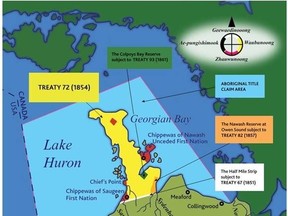 The Court of Appeal for Ontario rejected an Aboriginal title claim to all waters shown in light blue in its Aug. 30, 2023 decision but it sent back to the trial judge for further consideration a claim to waters around Hope Bay on the eastern shore of the Bruce Peninsula. (Map included in court decision)