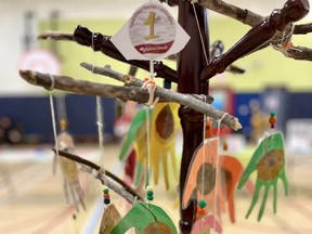 A wind chime made of laminated handprints and natural objects was on display at the Princess Anne Public School Fall Fair.