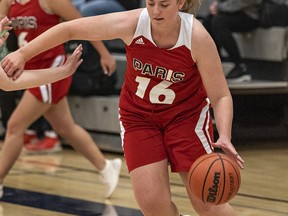 Emma Ahlberg of the Paris Panthers drives up court with the ball during a high school senior girls basketball game earlier in the season. Brian Thompson/Brantford Expositor/Postmedia Network