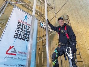Doug Hunt stands inside a silo near Brantford where he is practising this week for his attempt to set a new Guinness World Record for stilt walking. The attempt takes place Saturday, October 21 at 11 a.m. at the Wayne Gretzky Sports Centre in Brantford. Brian Thompson