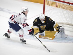 Oshawa Generals' Owen Griffin is unsuccessful on a penalty shot