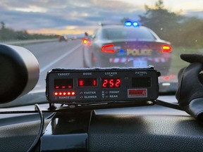 An Ontario Provincial Police cruiser's radar shows it captured a vehicle travelling 252 km/hr on Highway 401. The Mustang, operated by a Kingston man was stopped near Odessa, Ont., on Sunday, October 15, 2023.