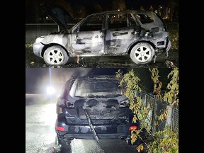 A vehicle was found torched behind Napanee District Secondary School in Napanee, Ont., on Monday, October 23, 2023.