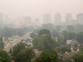 Heavy smoke from forest fires in northeastern Ontario and Quebec blankets London on Tuesday, June 27, 2023. (Mike Hensen/The London Free Press)