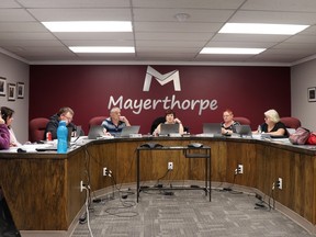 In Mayerthorpe, (l-r) CAO Jennifer Sunderman and councillors Becky Wells, Marc Claybrook, Pat Burns, Mayor Janet Jabush, Anna Greenwood, Sandy Morton and Esther Sonnenberg discussed lift station and gravel truck repairs.