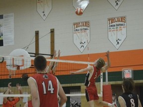 Paris District High School's Ethan Lewis goes up for a hit against North Park Collegiate in an Athletic Association of Brant, Haldimand and Norfolk game played earlier this season. Instagram - @pdhs_srboys_volleyball
