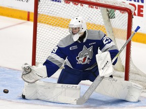 Sudbury Wolves goalie Jakub Vondras makes a save against the Peterborough Petes during first period OHL action on Thursday October 5, 2023 at the Memorial Centre in Peterborough, Ont.