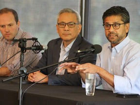 Ontario Liberal leadership candidates Nate Erskine-Smith, left, Ted Hsu and Yasir Naqvi participated in an informal debate at the Sarnia Golf and Curling Club Saturday.