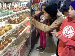 There was no shortage of interesting and tempting foods to try at the Norfolk County Fair on Thanksgiving Monday as mom, Christina Sousa looked over the shiny candy apples with her kids, Sophia Ingram and Lucas Ingram. SUSAN GAMBLE