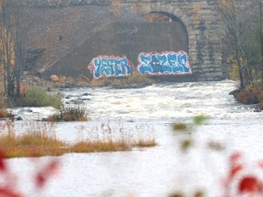 Graffiti covers a wall at a train bridge near Centennial Park in Whitefish, Ont. on Friday October 20, 2023. A Greater Sudbury resident contacted The Sudbury Star to say the graffiti is fairly new, and the city should do something about it