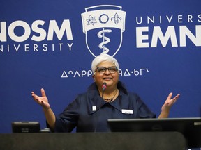 Dr. Sarita Verma, president, vice-chancellor, dean and CEO of NOSM University, addresses an audience at an announcement of the university-s chancellor and inaugural board of governors at NOSM in Sudbury, Ont. on Thursday November 24, 2022