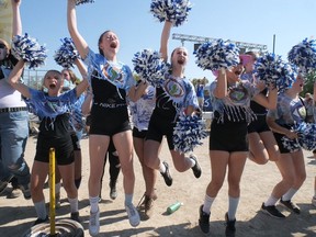 Simcoe Composite School Sabres cheerleaders react after hearing their school had won the Young Canada Day 2023 overall points championship Tuesday morning at the Norfolk County Fair. CHRIS ABBOTT