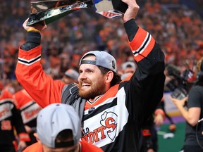 Port Elgin's Ian MacKay celebrated with the NLL Cup following the Buffalo Bandits win over the Colorado Mammoth in Game 3 of the NLL Final on June 3, 2023 at the KeyBank Center in Buffalo. - Buffalo Bandits