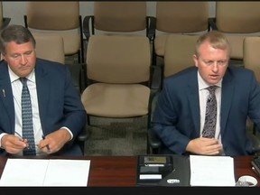 Athabasca–Barrhead–Westlock MLA Glenn van Dijken, left, and West Yellowhead MLA Martin Long addressed Woodlands County council. The Whitecourt Healthcare Centre was a topic of interest.