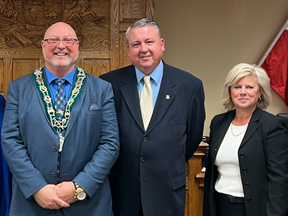 Mayor Jerry Acchione and councillors Mark Schadenberg and Deb Tait were among the four Woodstock city council members who voted on Oct. 19, 2023 to block a supervised drug-use site from locating in their city. (City of Woodstock