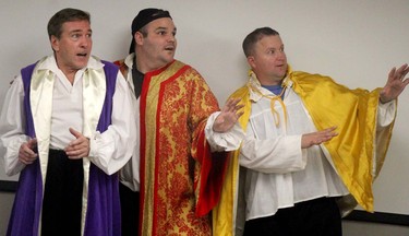 Timothy Murphy, AJ Brission and Marc Beaudette in a scene from Algoma Repertory Theatre's production of The Complete Works of William Shakespeare [Abridged] (Revised) (Again) on Wednesday, Nov. 1, 2023 in Sault Ste. Marie, Ont. (BRIAN KELLY/THE SAULT STAR/POSTMEDIA NETWORK)