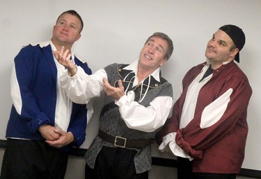 Marc Beaudette, Timothy Murphy and AJ Brission and Marc Beaudette in a scene from Algoma Repertory Theatre's production of The Complete Works of William Shakespeare [Abridged] (Revised) (Again) on Wednesday, Nov. 1, 2023 in Sault Ste. Marie, Ont. (BRIAN KELLY/THE SAULT STAR/POSTMEDIA NETWORK)