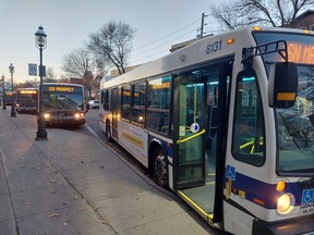 Buses wait for passengers at Kings Place Mall in downtown Fredericton.