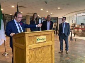 Paul Lefebvre addresses the media on Monday while fellow Northern mayors, from left, Michelle Boileau (Timmins), Peter Chirico (North Bay) and Matthew Shoemaker (Sault Ste. Marie) look on. Jim Moodie/Sudbury Star