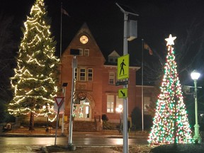 Christmas lights are seen in front of Sussex Town Hall Monday.