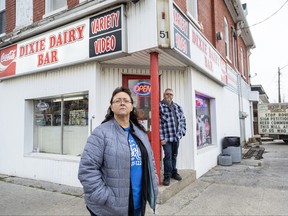 Karen Rivers and Bryan Sadler do not want a roundabout built at the corner of St. Catherine and Kains streets, where they operate the Dixie Dairy Bar variety store. Photo taken on Nov. 29, 2023. Derek Ruttan/The London Free Press)