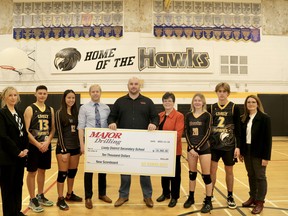 Lively District Secondary School will be able to realize a long-standing goal for its athletic programs after scoring a $10,000 donation from Major Drilling on Nov. 16. Funds are to go toward the purchase and installation of a new scoreboard and shot clocks for the school gym. Participating in the cheque presentation are, from left, Rainbow District School Board superintendent Maureen McNamara, students Joshua Paredes and Sequoia Nebenionquit, program leader for athletics Michael Asunmaa, operations manager for Major Drilling Cody Lanovaz, LDSS principal Susan Kett, students Paige Kultalahti and Jack Mergard, and senior administrator/former principal Leslie Mantle.