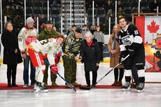 Thursday's game between the Fredericton Riverview Ford Red Wings and the Miramichi Timberwolves also marked the Buster Harvey Memorial/Millitary Appreciation Night.