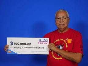 Beverly Nadjiwon, a Chippewas of Nawash Unceded First Nation band councillor, won $100,000 with a The Big Spin instant-win lottery ticket. (Supplied)
