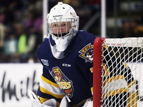 Erie Otters goalie Ben Gaudreau watches the play in the first period against the Sarnia Sting at Progressive Auto Sales Arena in Sarnia, Ont., on Sunday, Nov. 5, 2023. Mark Malone/Chatham Daily News/Postmedia Network