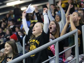 Fans cheer during the Sarnia Sting’s first school day game against the Saginaw Spirit at Progressive Auto Sales Arena in Sarnia, Ont., on Tuesday, Nov. 7, 2023. Mark Malone/Chatham Daily News/Postmedia Network