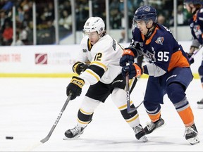 Sarnia Sting's Easton Wainwright (12) and Flint Firebirds' Marko Stojkov (95) vie for the puck in the first period at Progressive Auto Sales Arena in Sarnia, Ont., on Sunday, Nov. 19, 2023. Mark Malone/Chatham Daily News/Postmedia Network