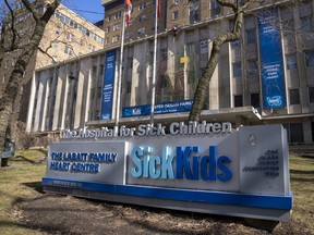 The sign in front of SickKids hospital in Toronto, Monday, Feb. 20, 2023.
