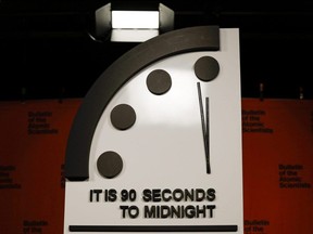 The 2023 Doomsday Clock is displayed before a live-streamed event with members of the Bulletin of the Atomic Scientists on January 24, 2023 in Washington, DC. This year the Doomsday Clock is set at ninety seconds to Midnight (Anna Moneymaker/Getty Images)
