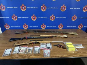 Aylmer police seized guns and ammunition from a home in nearby Straffordville on Monday Nov. 27, 2023. (Handout)